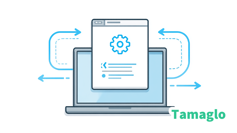 Windowsノートパソコンの画面上でバッチファイルが自動処理を実行している様子を表すイラスト