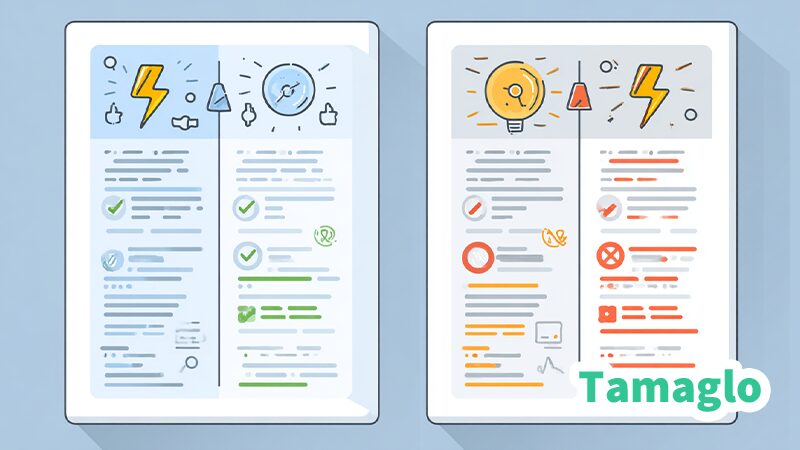 Windowsの高速スタートアップ機能のメリットとデメリットを比較した2パネルのインフォグラフィック。左側に稲妻マークとメリット、右側に警告マークとデメリットが描かれている。