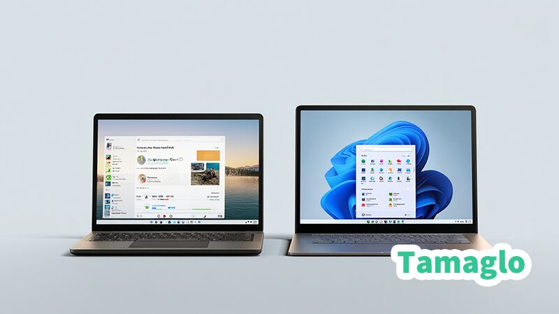 Windows11のスタートアップアプリを無効化した場合のメリットとデメリットを表す比較イメージ。左はアプリが多く起動して重いパソコン、右は不要アプリを無効化して軽快に起動するパソコン。