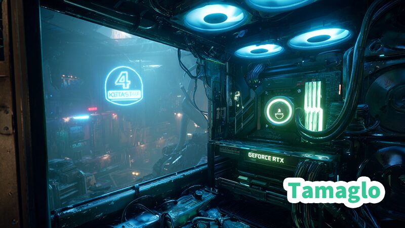 NVIDIA RTX GPUとDLSS 4のロゴが輝くゲーミングPC内部。高解像度モニターには『Senua’s Saga: Hellblade II Enhanced』の滑らかな映像が映し出されている。