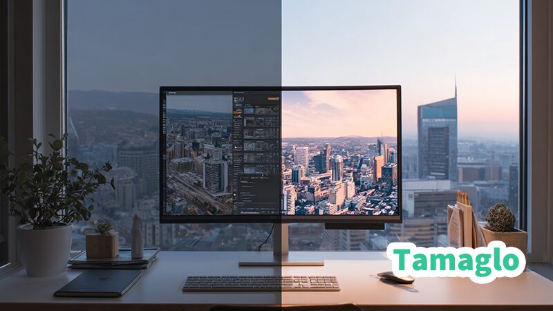 左のモニターはちらつきと暗さが目立ち、右のモニターはドライバ更新後に鮮明で明るくなった様子が表示されているデスク環境。