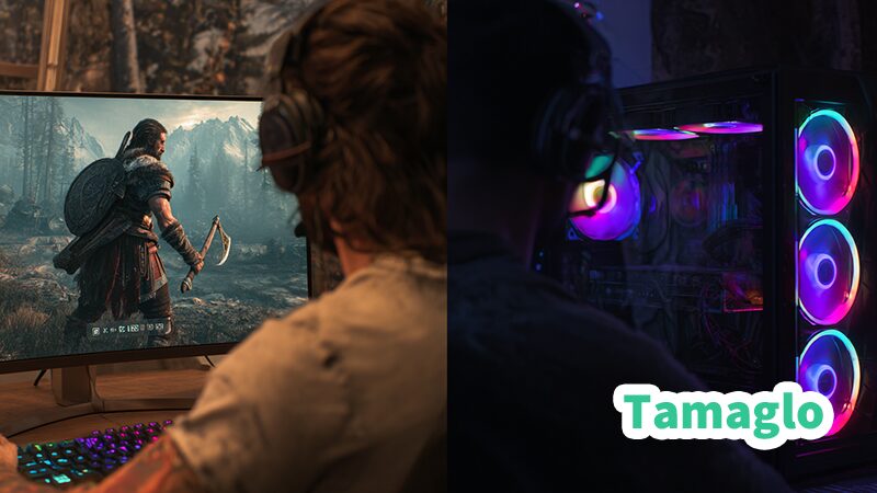 左側には快適なプレイを楽しむゲーマー、右側にはブラックスクリーンとエラーメッセージに苛立つゲーマーが描かれている対比シーン。