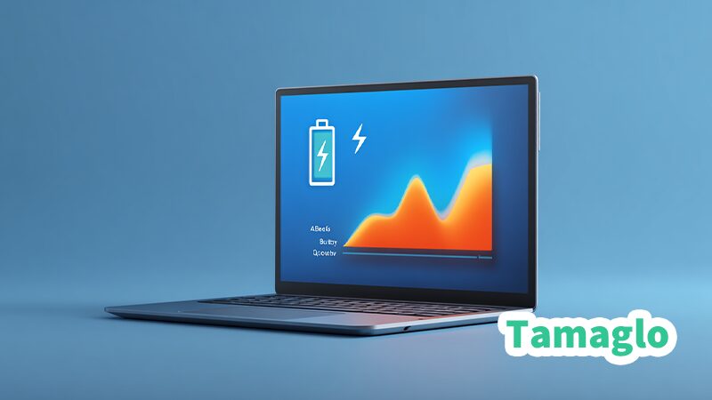 Windows 11ノートパソコンの画面横に「長持ちするバッテリー」「静音化」「バッテリー劣化軽減」を示すアイコンが並んだイラスト