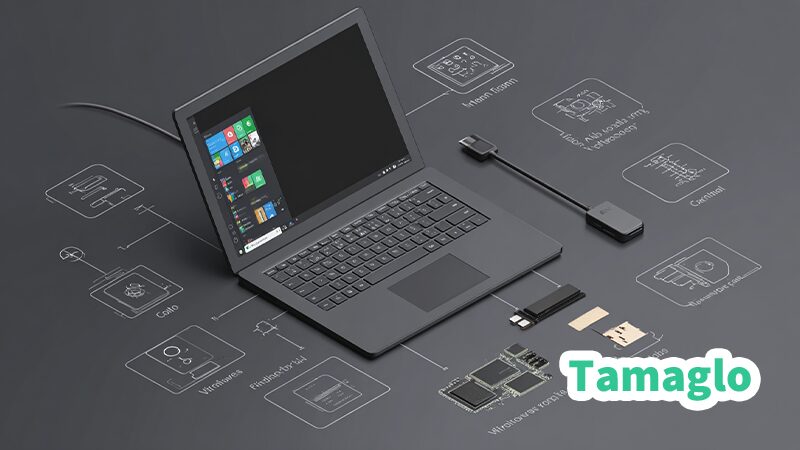 Windows 11ノートPCに外部モニターを接続しても映らず、周囲に「ケーブル不良」「入力切替ミス」「解像度不一致」「GPUエラー」を示すアイコンが並ぶイラスト