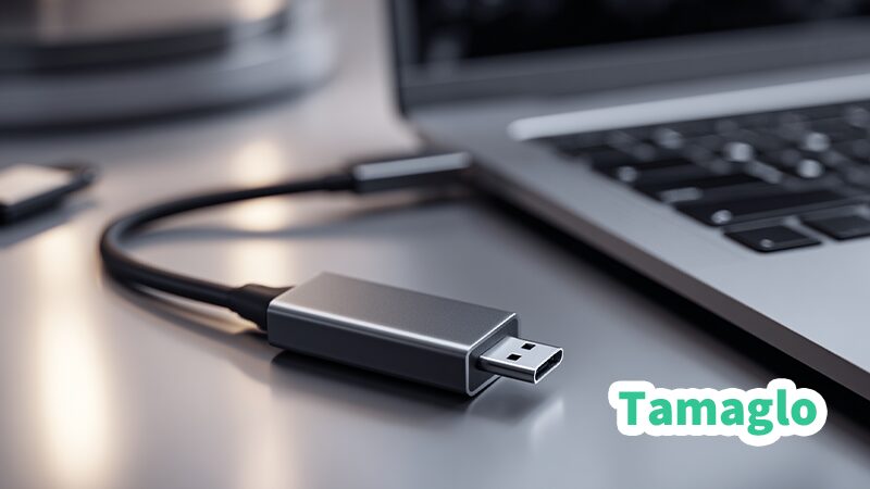 Windows 11ノートPCからUSB LANアダプターを取り外して動作を確認しているシーン。