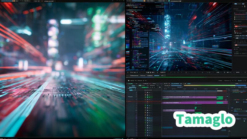 左にゲーム最適化、右にクリエイティブ最適化を象徴する暗色UIと緑のハイライトのツイン構図