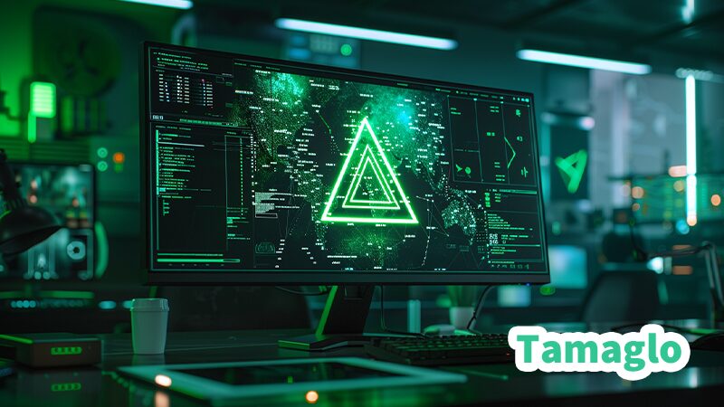 画面の微細なグリッチと警告アイコンでユーザー報告の不具合発生をイメージしたモニター構図