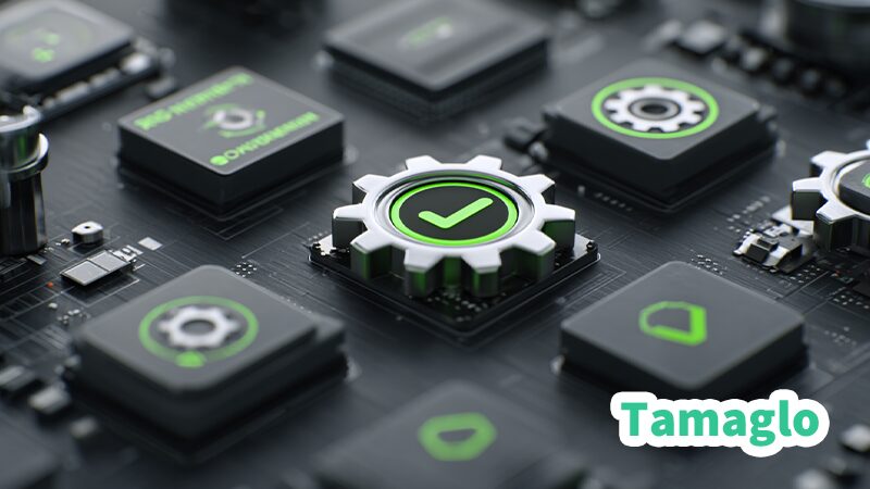 GPUと工具・設定ギア・チェックマークで回避策や調整手順を示すフラットレイ