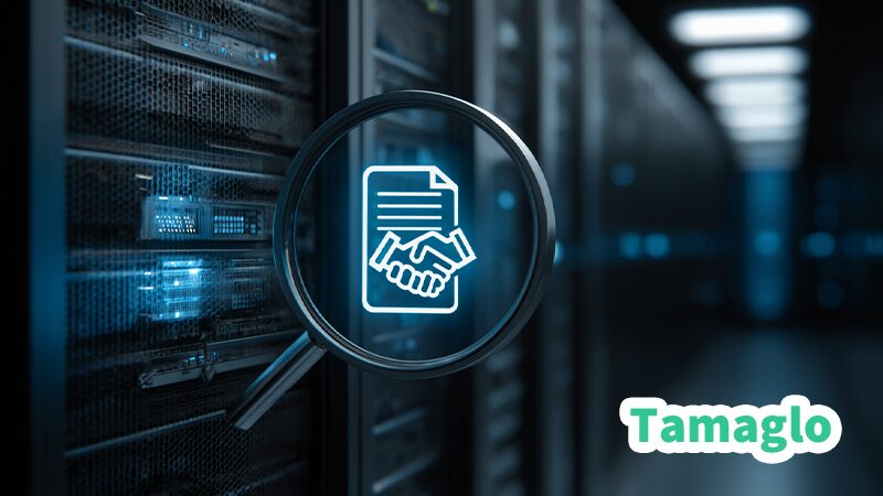 サーバー署名とEPAの互換性を監査するイメージ（サーバー、虫眼鏡、署名バッジ）