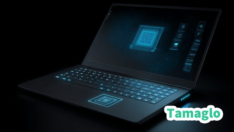 NPUを備えたラップトップとAI機能アイコン（画像検索・抽出・セマンティック分析・設定）